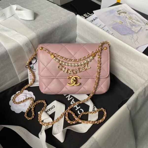 Chanel AS4986 Mini Flap bag Shiny Lambskin Imitation Pearls & Gold-Tone Metal Pink