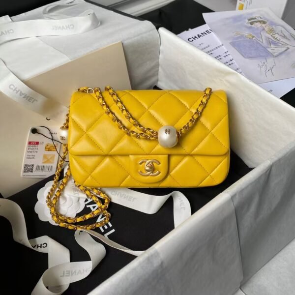 Chanel AS4861 Small Flap Bag Pearl Lambskin Faux Pearl & Gold Metal Yellow
