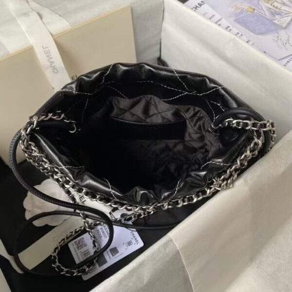 Chanel 22 AS3980 Mini Tote Shiny Calfskin & Silver Metal Silver Black