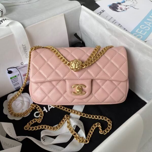 Chanel 23S AS4041 Mini Camellia Embossed Rectangular Flap Bag Antique Gold Metal Hardware Light Pink