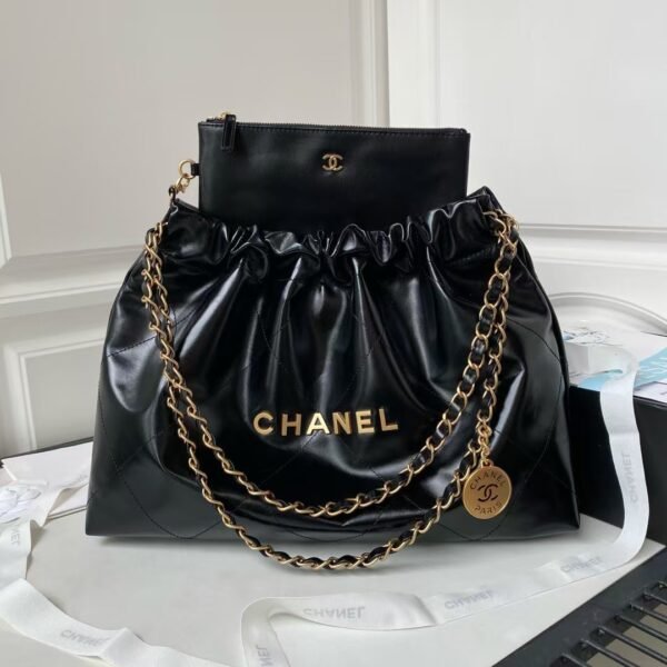 Chanel 22 Hobo Bag 24C AS4486 Gold Metallic Black Shiny Calfskin New Edition Horizontal