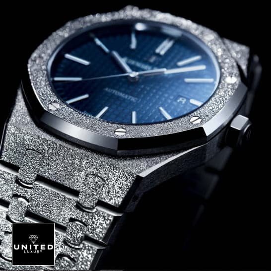 Audemars Piguet Royal Oak 67653BC.GG.1263BC.02 "Frosted" Blue Dial Collector’s Clone 1:1 21 blue replica Frosted AP Blue Dial Replica black background