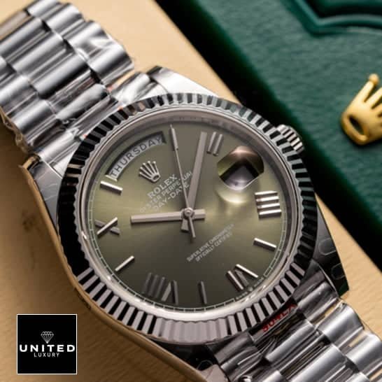 Rolex Day-Date 228239-0033 "Green Dial" Ultra Fine Replica Rolex Olive Green Replica Rolex Day-date 228239-0033 Olive green dial replica above the rolex box