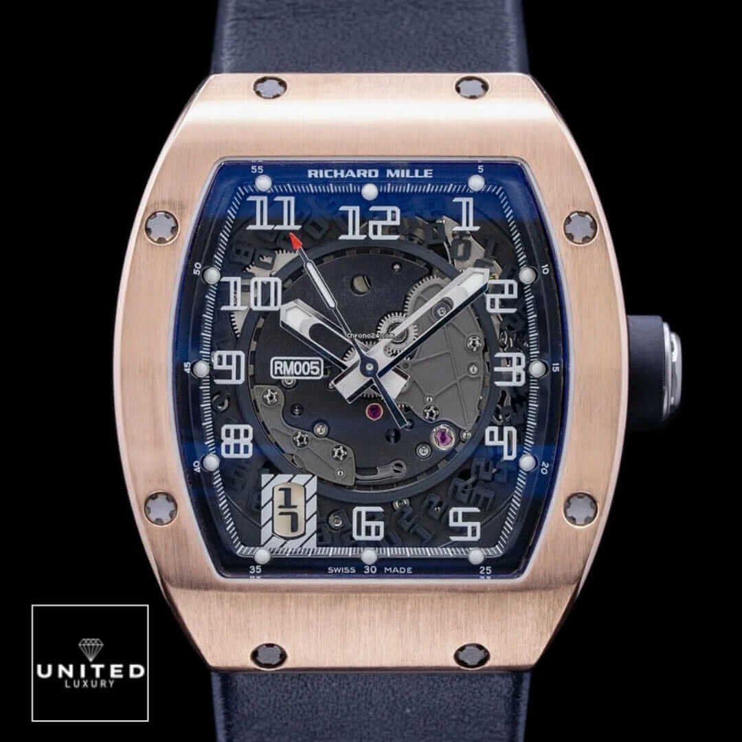 Richard Mille RM 005 "Automatic" Masterpiece Replica Yeni Proje 2 15 Richard Mille Gold Rose Bezel Rubber Black Bracelet Replica black background
