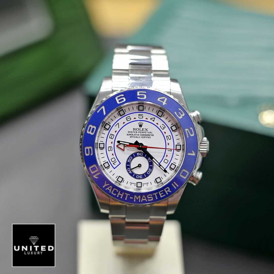 Rolex Yacht Master II Oyster Bracelet Replica front view on the stand
