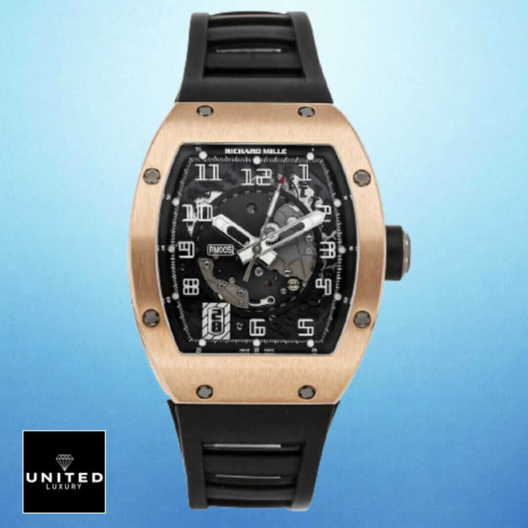 Richard Mille RM 005 "Automatic" Masterpiece Replica Yeni Proje 20 Richard Mille RM055 Bubba Watson Rose Gold Bezel Replica blue background