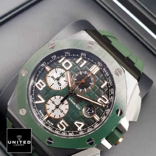 Audemars Piguet Royal Oak Offshore 26405CE.OO.A056CA.01 "Green Dial" High-End Clone Quality ap green black ceramic replica left Audemars Piguet Royal Oak Offshore 26405CE.OO.A056CA.01 "Green Dial" High-End Clone Quality ap green black ceramic replica left