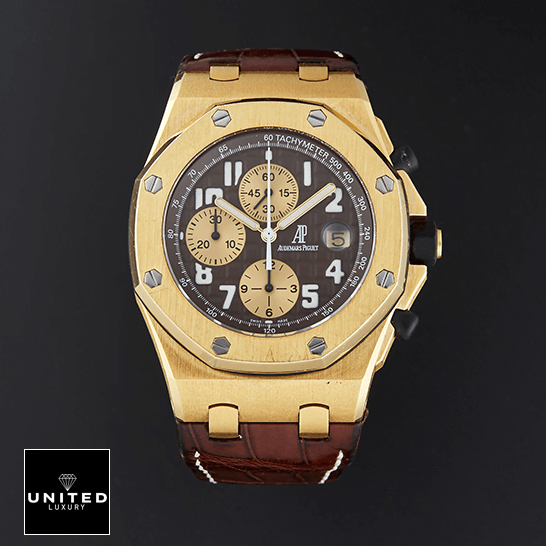 Audemars Piguet Royal Oak Offshore 26007BA.OO.D088CR.01 "Arnold Schwarzenegger" Handcrafted Clone Quality audemars piguet royal oak offshore 26007BA.OO .D088CR.01 replica front Audemars Piguet Royal Oak Brown Dial Gold Case Replica black background