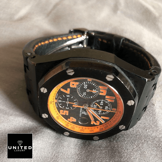 Audemars Piguet Royal Oak Offshore 26200SN.OO.D101CR.01 "Volcano" Detailed Replica audemars piguet royal oak offshore 26200SN.OO .D101CR.01 replica tiltedright Audemars Piguet Royal Oak Orange Black Dial Replica on the white carpet