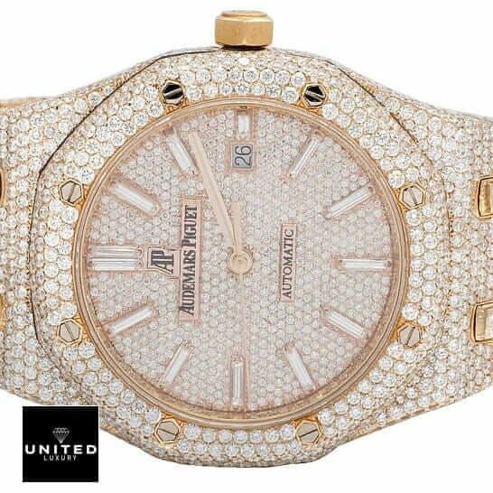 Audemars Piguet Royal Oak 15400SR.OO.1220SR.01 "Fully Iced Out" Elite Clone Edition audemars piguet royal oak selfwinding gold 15400sr oo 1220sr 01 iced out replica dial Audemars Piguet Royal Oak Iced Out Replica