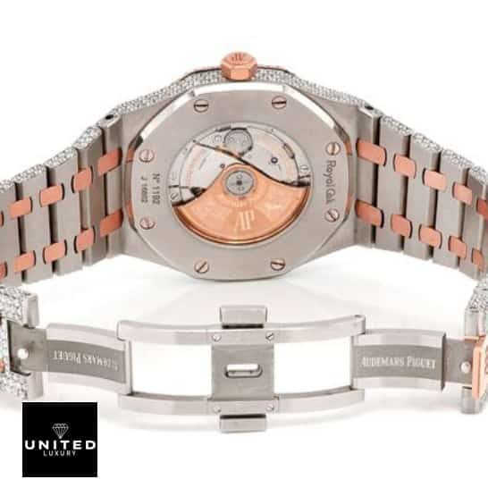 AP Royal Oak Iced Out Two-Tone 15400SR.OO.1220SR.01 Master Replica 1:1 audemars piguet selfwinding replica back Two tone ap diamond replica 15400SR.OO.1220SR.01 clasp and case view