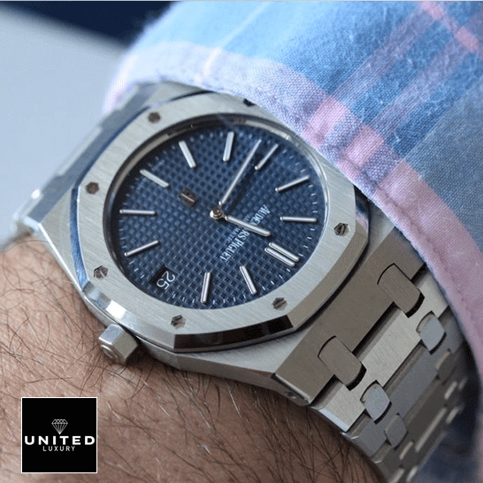 Audemars Piguet Royal Oak Blue Dial Stainless Steel Replica on the man wrist