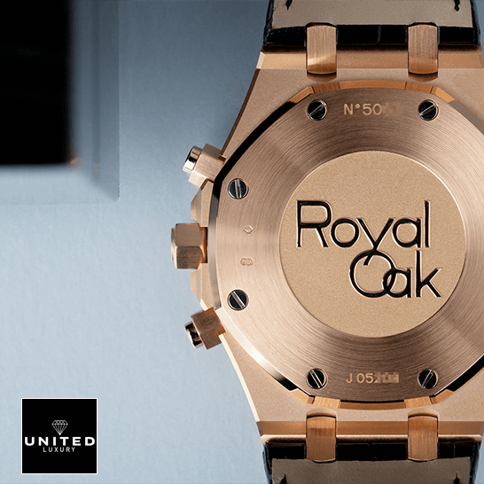 Audemars Piguet Royal Oak Chronograph 26320OR "Rose Gold" Exceptional Replica 1:1 audemars piguet royal oak chronograph 26320OR.OO .D002CR.01 replica back Audemars Piguet Royal Oak Yellow Gold Case Replica upside view