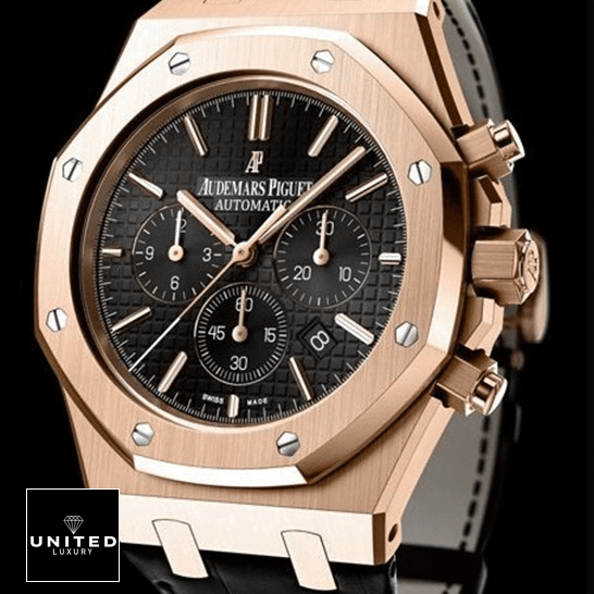 Audemars Piguet Royal Oak Chronograph 26320OR "Rose Gold" Exceptional Replica 1:1 audemars piguet royal oak chronograph 26320OR.OO .D002CR.01 replica side front Audemars Piguet Royal Oak 26320OR.OO_.D002CR.01 Black Dial Replica black background