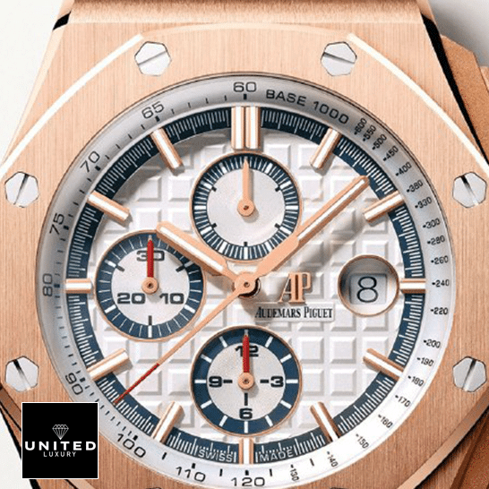 Audemars Piguet Royal Oak Offshore 26408OR.OO.A010CA.01 "Byblos" Near Original Replica audemarspiguet royaloakoffshore 26408OR.OO .A010CA.01 replica front Audemars Piguet Ryal Oask White Dial Gold Bezel Replica front view