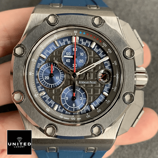 Audemars Piguet Royal Oak Offshore 26568PM.OO.A021CA.01 "Michael Schumacher" 1:1 Clone Edition audemarspiguet royaloakoffshore 26568PM.OO .A021CA.01 replica Audemars Piguet Royal Oak Black Dial Blue Rubber Bracelet Replica front view