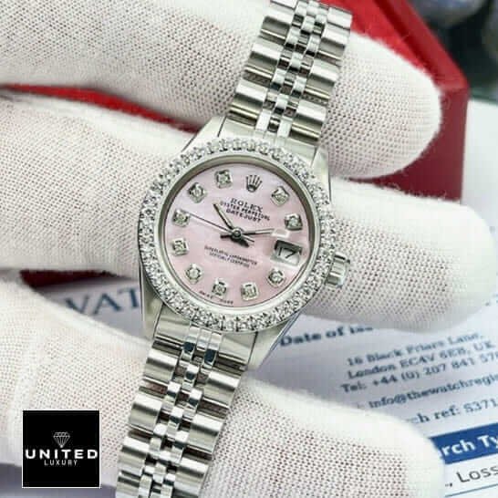 Rolex Datejust 126234 "Diamond Bezel" Premium Clone datejust pink diamond replica 3 Rolex Datejust Stainless Steel Jubilee Bracelet Pink Diamond Dial Replica on the hand