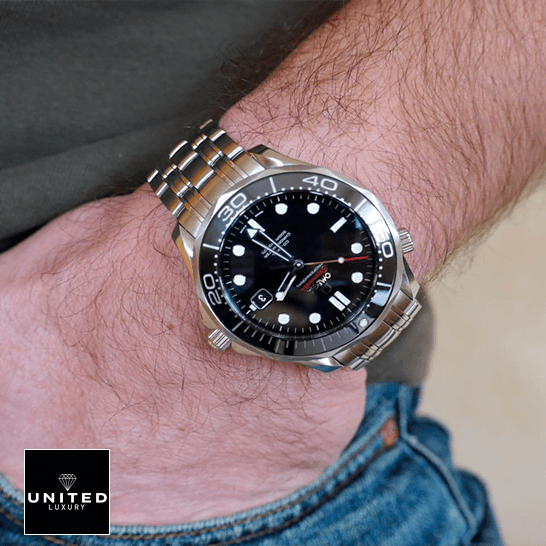 Omega Seamaster 212.30.41.20.03.003 "Black Black" Top Grade Clone 1:1 omega seamaster 300m steel 212 30 41 20 01 003 black dial replica hand Omega Seamaster 212_30_41_20_01_003 Black Dial Replica on the man wristh