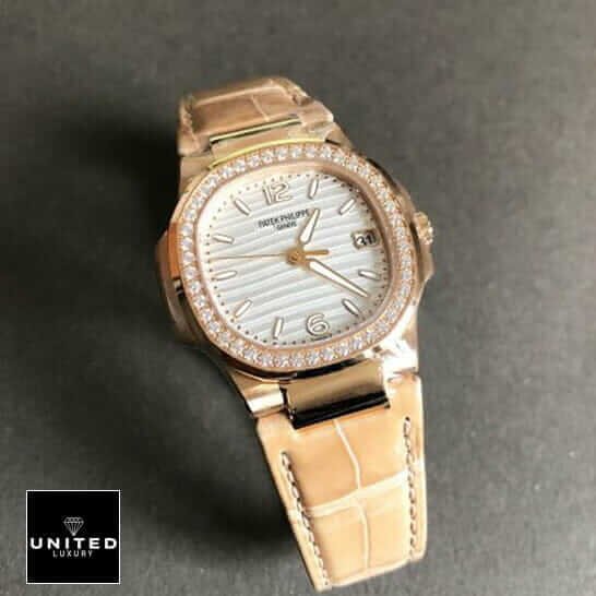 Patek Philippe Nautilus 7010R-011 "Silver Dial" High Fidelity Replica patek 7010r 011 replica Patek Philippe Geneve 7010 Diamond Bezel Leather Bracelet Replica grey background