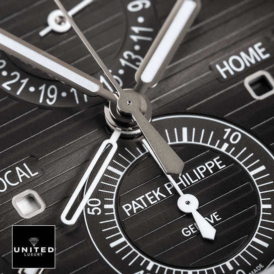 Patek Philippe Nautilus Travel Time Chronograph 5990/1A-001 First-Class Clone patek philippe nautilus 59901A 001 replica black Patek Philippe Geneve Black Dial Replica close analog view