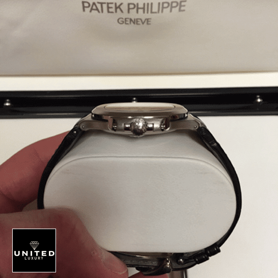 Patek Philippe Nautilus 5711G-001 White Gold Masterpiece Replica patekphilippe nautilus 5711G 001 replica rightside Patek Philippe Nautilus 5711G-001 Replica steel case side view in the box