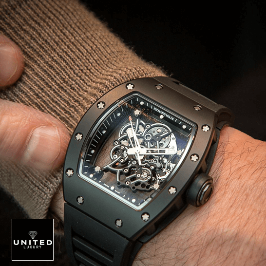 Richard Mille RM 055 "Black Dial" Authentic Super Replica richard mille RM055 replica hand Richard Mille RM055 Skeleton Black Replica on the wrist