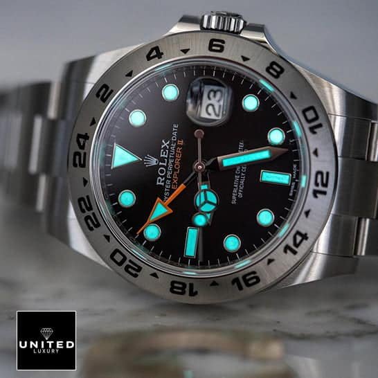 Rolex Explorer II 216570 "Black Dial" Perfect Clone Edition rolex 216570 black dial 5 Rolex Explorer II 216570-0001 Luminous Dial Replica on the Table