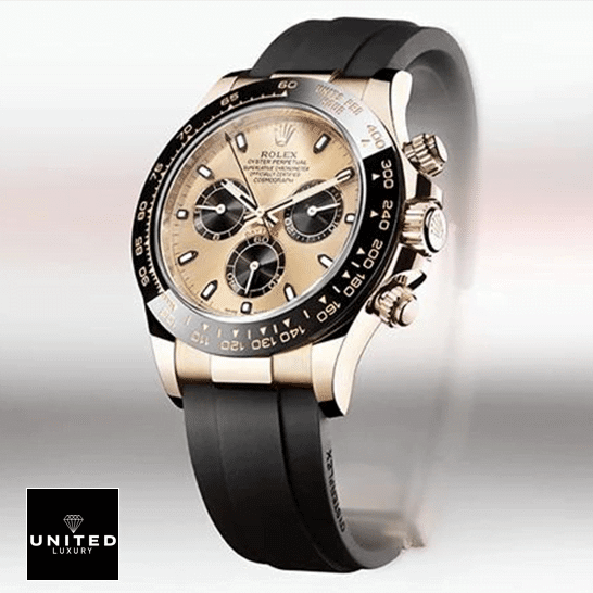 Rolex Daytona Cosmograph 116508 "Black Dial" Signature Replica 1:1 rolex cosmograph daytona replica left Rolex Daytona 116518LN Yellow Gold Case Button & Crown Pusher Replica