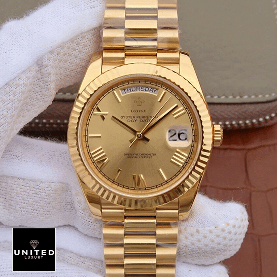 Rolex Day-Date 228238-0007 "President" Swiss Super Clone rolex daydate 228238 0007 replica front Rolex Day-Date II 228238-0007 Fluted Bezel Replica on is hand