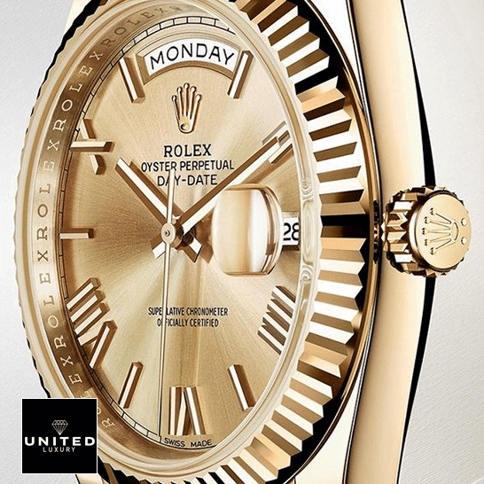 Rolex Day-Date 228238-0007 "President" Swiss Super Clone rolex daydate 228238 0007 replica left Rolex Day-Date II 228238-0007 KW Yellow Gold Champagne Dial Replica
