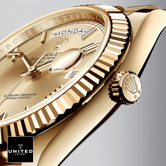 Rolex Day-Date 228238-0007 "President" Swiss Super Clone rolex daydate 228238 0007 replica Rolex Day-Date II 228238-0007 Yellow Gold Case Replica Rightside Crown Pusher
