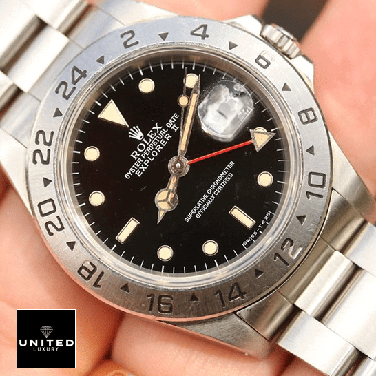 Rolex Submariner Vintage "Big Crown" 16570-0004 Perfect Clone Quality rolex explorer 16570 0004 replica tiltedleft 1 Rolex Explorer II 16570-0004 Black Dial Replica on the hands