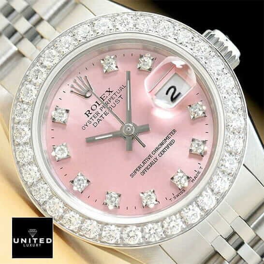 Rolex Datejust 126234 "Diamond Bezel" Premium Clone rolex pink diamond replica 1 Rolex Datejust Pink Diamond Dial Diamond Bezel Replica close cyclops view