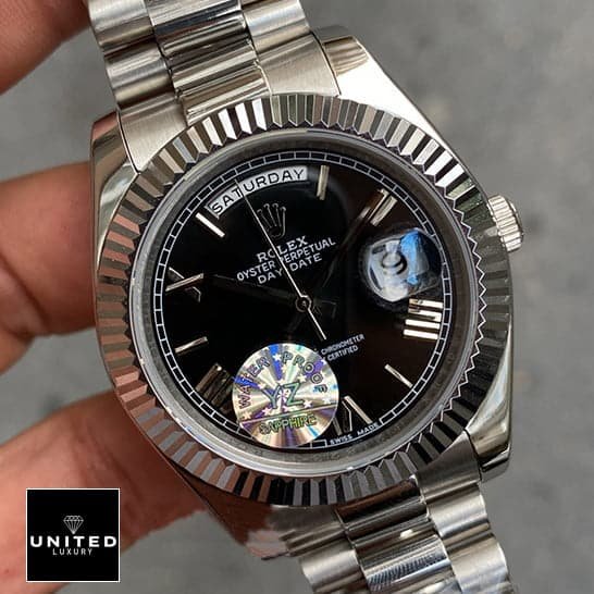 Rolex Day Date II Presidential 218239 Black Roman Dial Silver Jubilee Replica