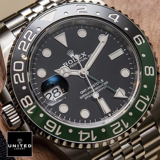 Rolex Submariner Date 126610LV Green Bezel Premium Clone 1:1 rolex sprite jubile replica 2 Rolex Gmt-Master II Sprite Replica close analog view and above the wrist