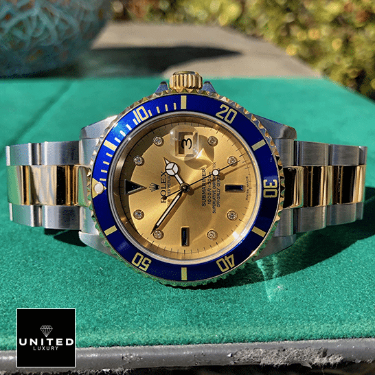 Rolex Submariner 16613 "Serti Two-Tone" Top Grade Clone 1:1 rolex submariner 16613 replica tiltedleft Rolex Submariner 16613 Two Tone Bracelet Blue Bezel Replica