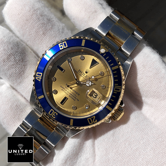 Rolex Submariner 16613 "Serti Two-Tone" Top Grade Clone 1:1 rolex submariner 16613 replica tiltedright Rolex Submariner 16613 Two Tone Stainless Steel Blue Bezel Replica