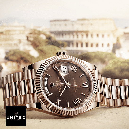 Rolex Day-Date 118139 "Chocolate Dial" Near Original Replica rolex day date 228235 aR stainless steel with rose gold chocolate roman Rolex Day-Date 40 228235-0002 Replica Stainless Steel Fluted Bezel
