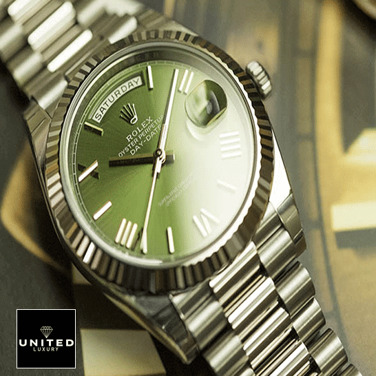 Rolex Day-Date 228239-0033 "Green Dial" Ultra Fine Replica rolex day date 228239 stainless steel green dial Rolex Day-Date 228239-0033 Romen Numerial Olive Green Dial Oyster Replica