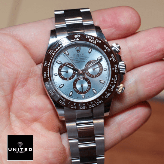 Rolex Cosmograph Daytona 116506 Superior Replica Rolex Daytona Cosmograph 116506 Blue Dial Oyster Replica on his hands