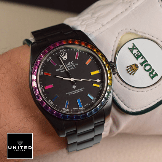 Rolex Milgauss 116400GV "Sapphire Bezel" First-Class Clone Rolex Milgauss 116400 Rainbow Gem-Set Bezel Replica on his arm