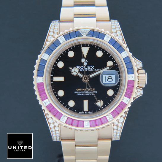 Rolex GMT-Master II 126755SARU Replica dial is black with stick and dot indices